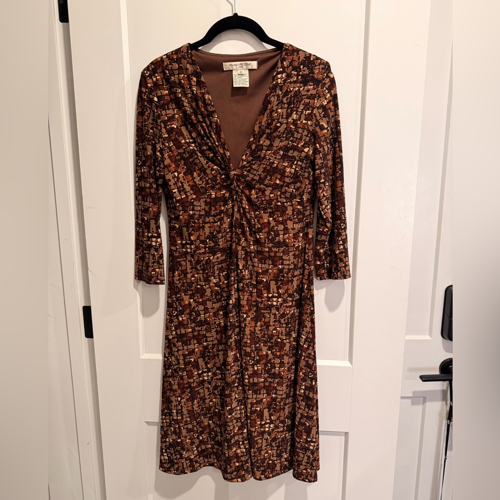 Evan Picone Brown Mosaic Long Sleeve Dress